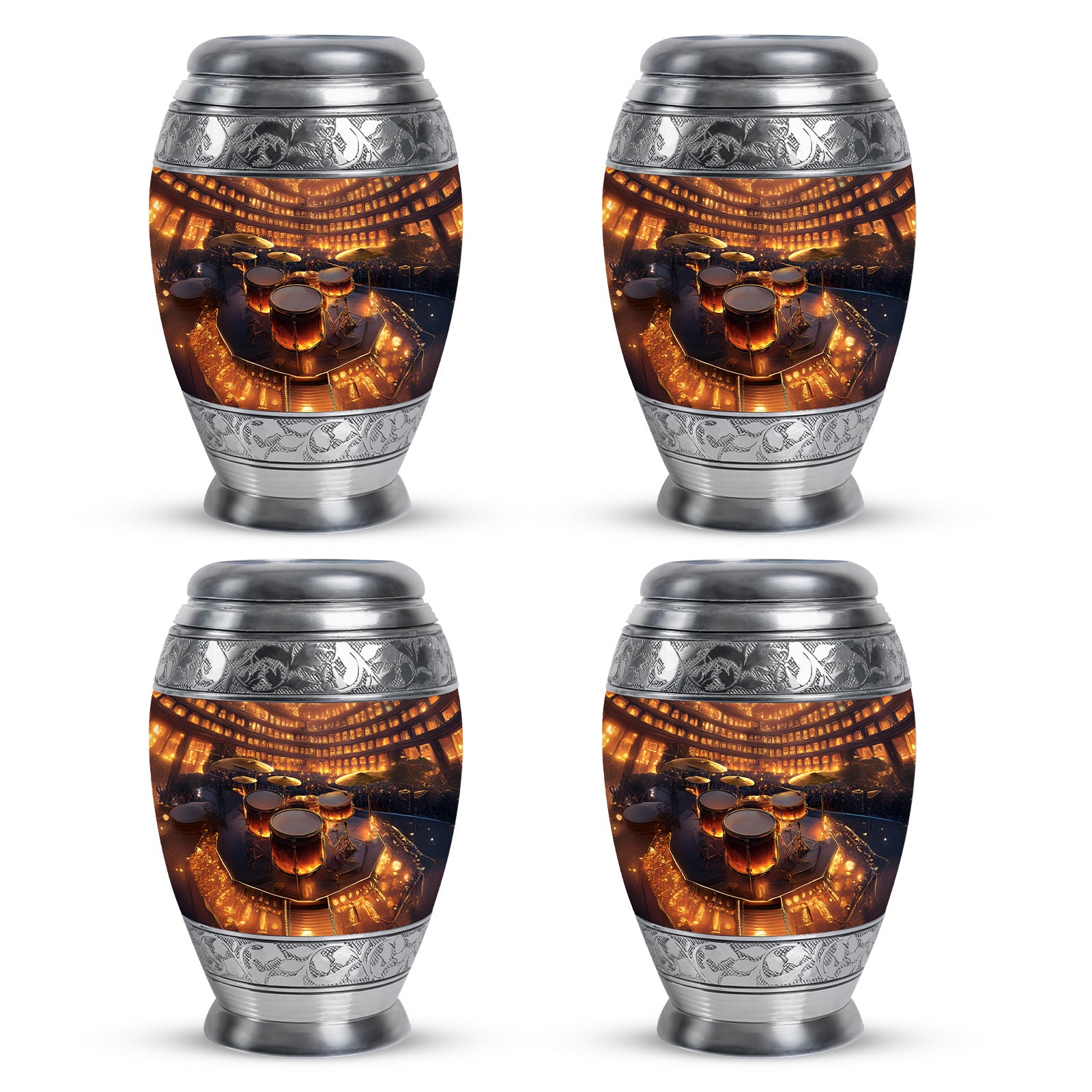 Antique Gold Drums Cremation Urn urn with complimentary velvet bag - regal drums design with crown-inspired accents - 10 inch aluminum urn for cremated remains