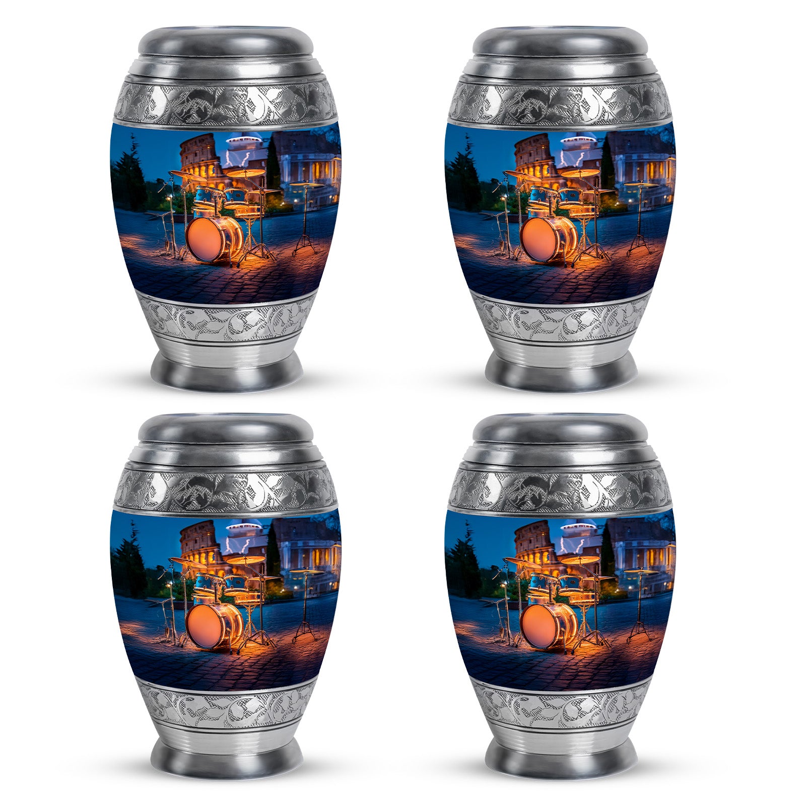 Celestial Blue Drums Cremation Urn urn with complimentary velvet bag - regal drums design with crown-inspired accents - 10 inch aluminum urn for cremated remains