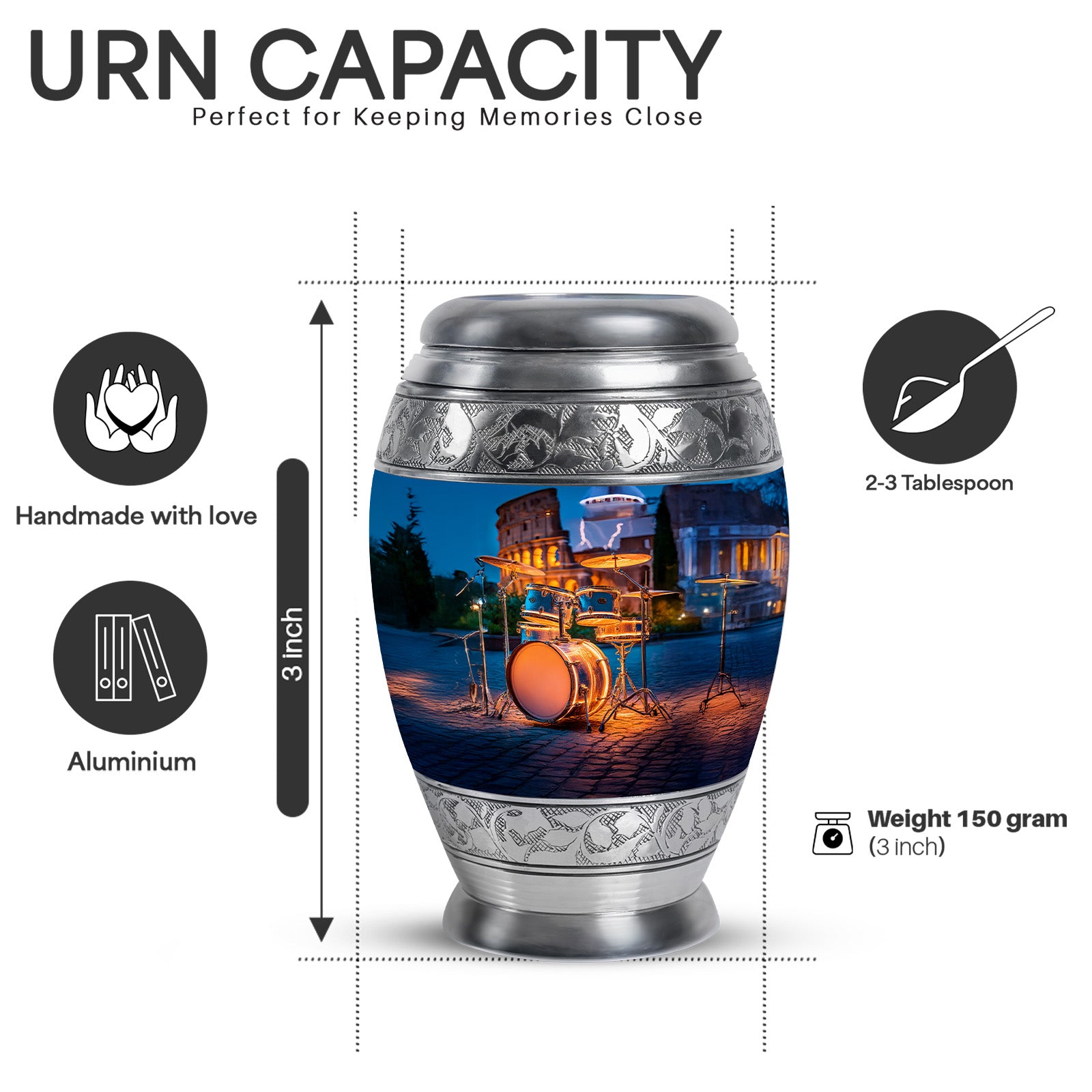 Indigo Drums Cremation Urn lifestyle display on memorial shelf - ornate monarch-style drums relief on brushed aluminum - mini keepsake memorial for portion of cremation ashes