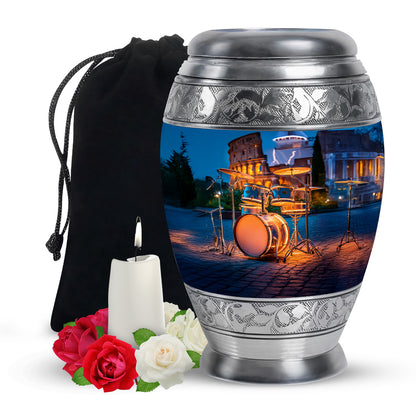 Soft Blue Drums Cremation Urn back view with polished surface - royal drums engraving with decorative scrollwork - full-size 10 inch 200 cubic inch adult cremation urn