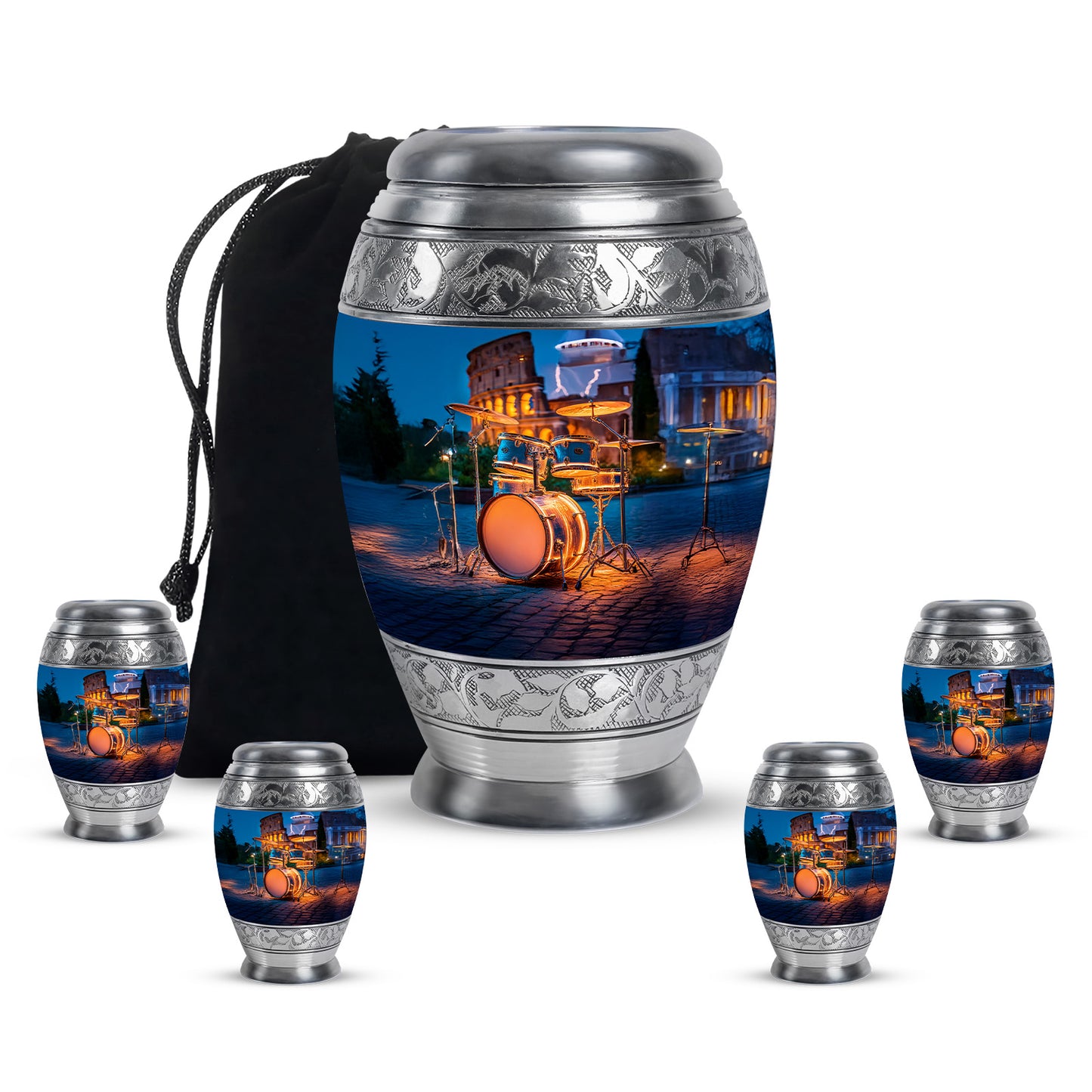 Vivid Blue Drums Cremation Urn detail view - majestic drums pattern with filigree border - memorial set with one large and four small urns