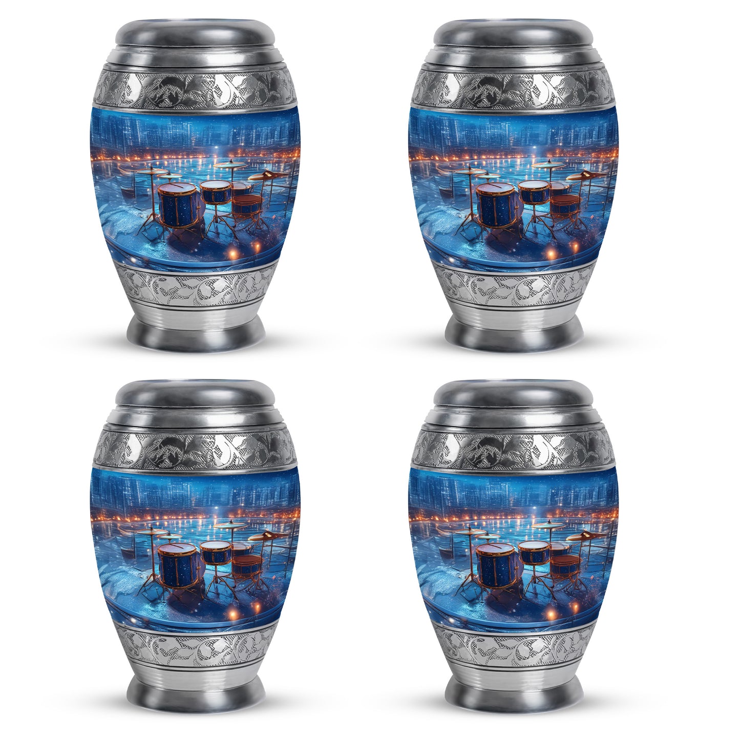 Sky Blue Drums Cremation Urn urn with complimentary velvet bag - ornate monarch-style drums relief on brushed aluminum - 10 inch aluminum urn for cremated remains