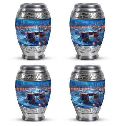 Sky Blue Drums Cremation Urn urn with complimentary velvet bag - ornate monarch-style drums relief on brushed aluminum - 10 inch aluminum urn for cremated remains