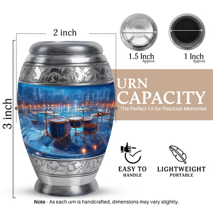 Pastel Blue Drums Cremation Urn lifestyle display on memorial shelf - regal drums design with crown-inspired accents - mini keepsake memorial for portion of cremation ashes
