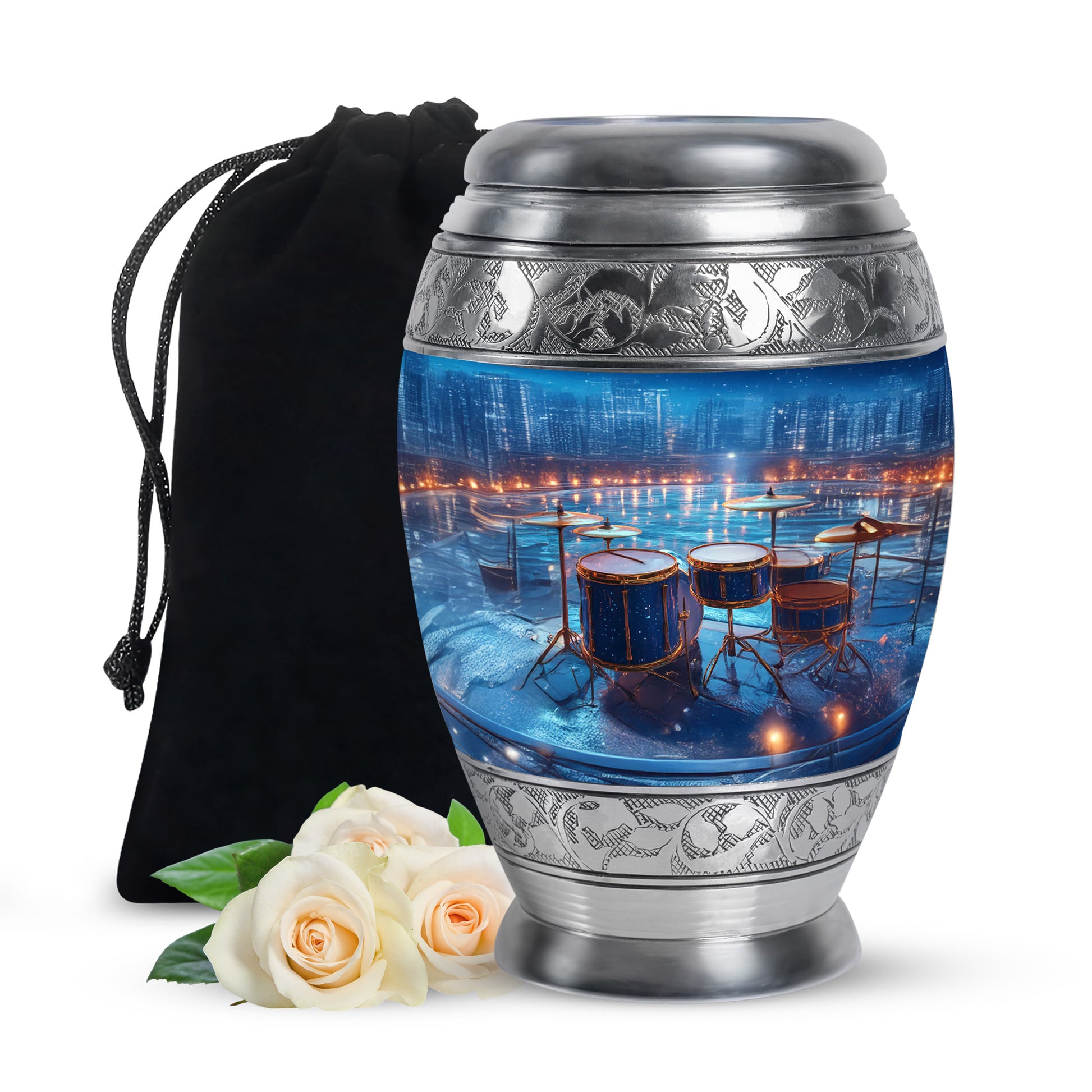 Steel Blue Drums Cremation Urn back view with polished surface - majestic drums pattern with filigree border - full-size 10 inch 200 cubic inch adult cremation urn