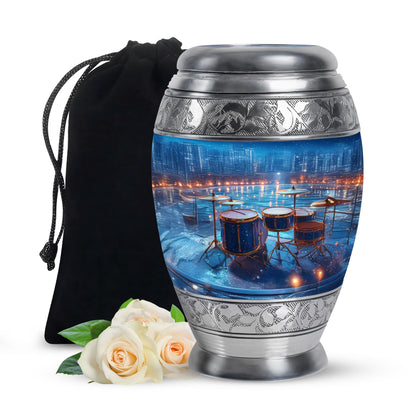 Steel Blue Drums Cremation Urn back view with polished surface - majestic drums pattern with filigree border - full-size 10 inch 200 cubic inch adult cremation urn