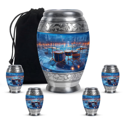 Azure Drums Cremation Urn detail view - ornate monarch-style drums relief on brushed aluminum - memorial set with one large and four small urns