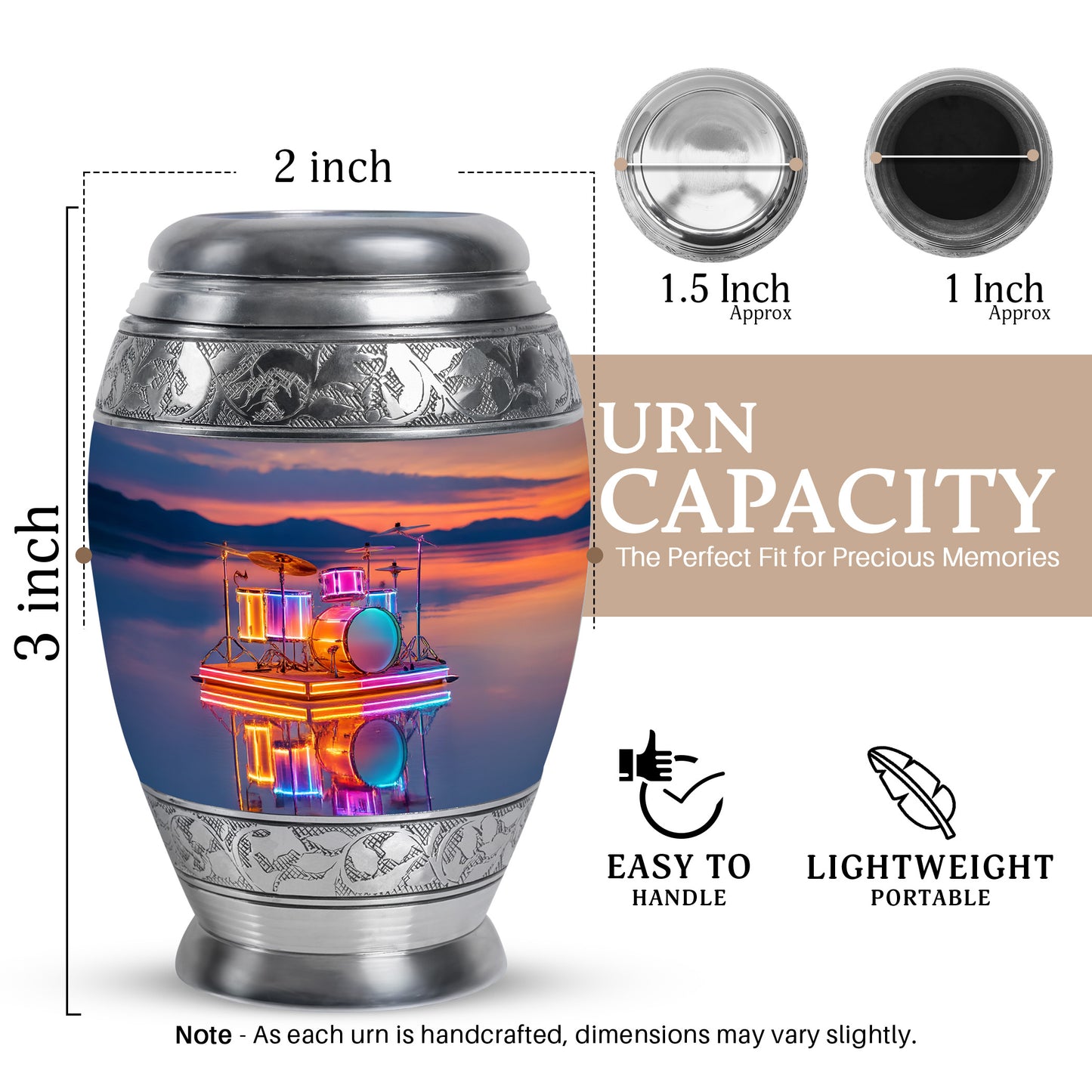Peony Pink Drums Cremation Urn lifestyle display on memorial shelf - ornate monarch-style drums relief on brushed aluminum - mini keepsake memorial for portion of cremation ashes