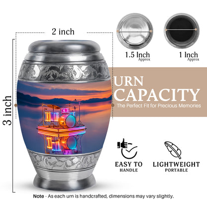 Peony Pink Drums Cremation Urn lifestyle display on memorial shelf - ornate monarch-style drums relief on brushed aluminum - mini keepsake memorial for portion of cremation ashes