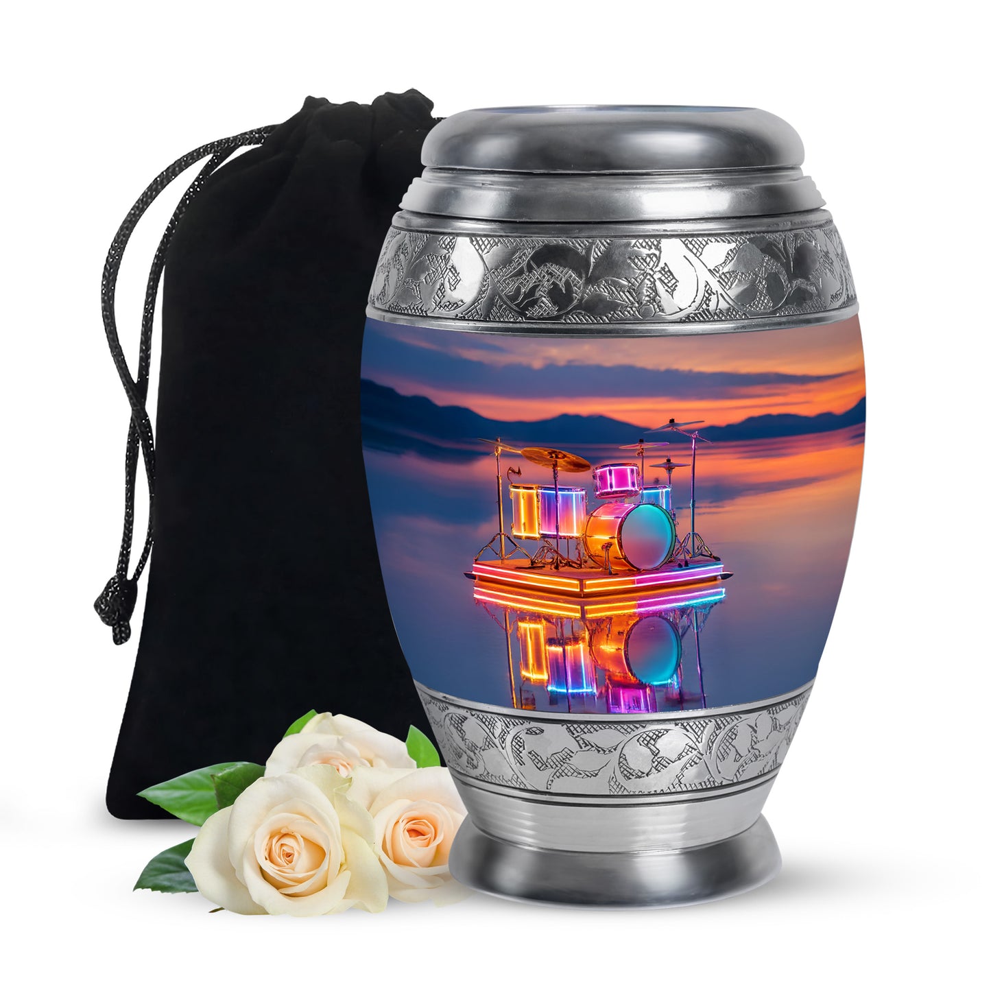 Coral Pink Drums Cremation Urn back view with polished surface - regal drums design with crown-inspired accents - full-size 10 inch 200 cubic inch adult cremation urn