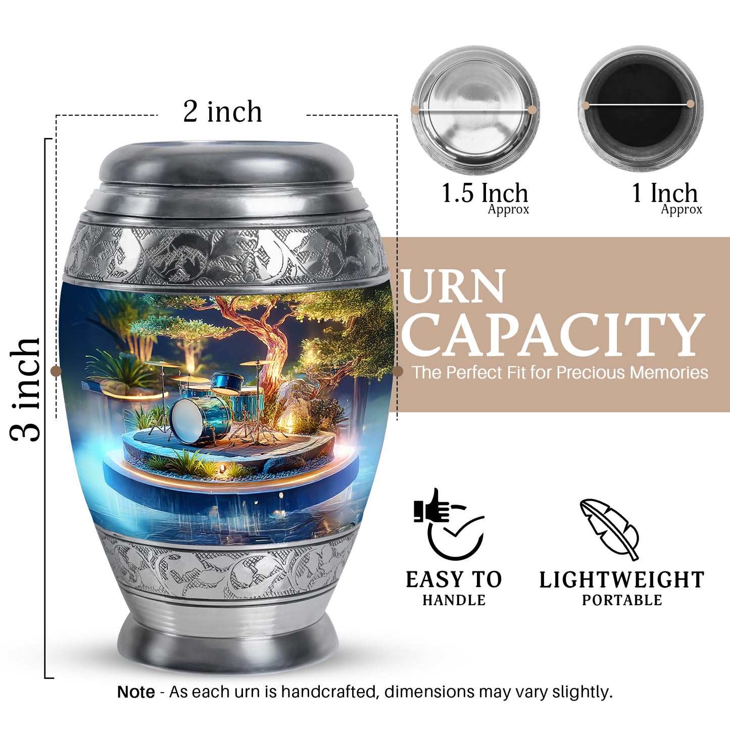Gilded Gold Drums Cremation Urn lifestyle display on memorial shelf - regal drums design with crown-inspired accents - mini keepsake memorial for portion of cremation ashes
