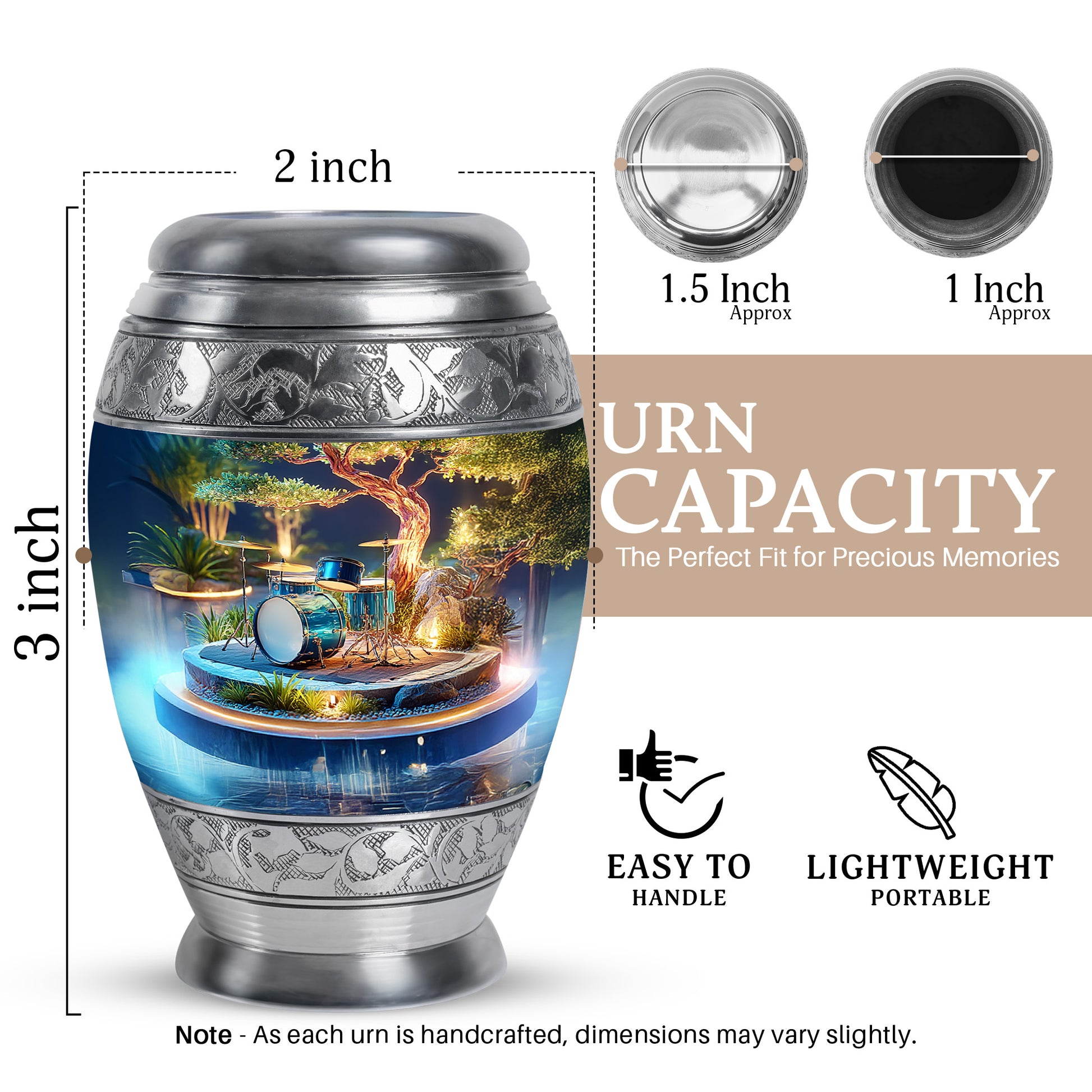 Gilded Gold Drums Cremation Urn lifestyle display on memorial shelf - regal drums design with crown-inspired accents - mini keepsake memorial for portion of cremation ashes