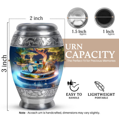Gilded Gold Drums Cremation Urn lifestyle display on memorial shelf - regal drums design with crown-inspired accents - mini keepsake memorial for portion of cremation ashes