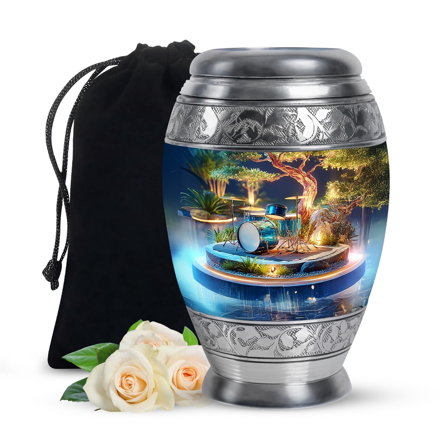 Sunrise Gold Drums Cremation Urn back view with polished surface - regal drums design with crown-inspired accents - full-size 10 inch 200 cubic inch adult cremation urn