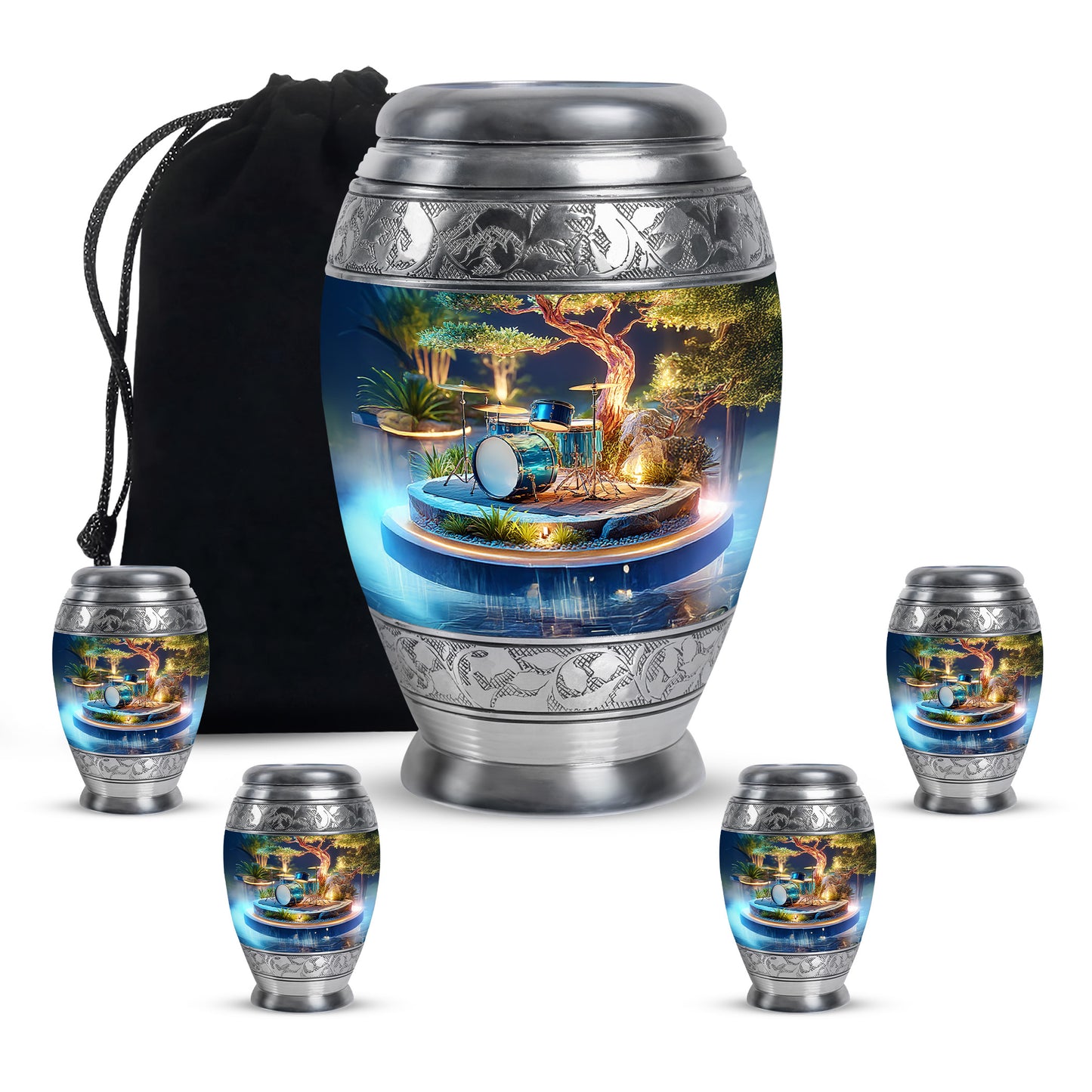 Harvest Gold Drums Cremation Urn detail view - royal drums engraving with decorative scrollwork - memorial set with one large and four small urns