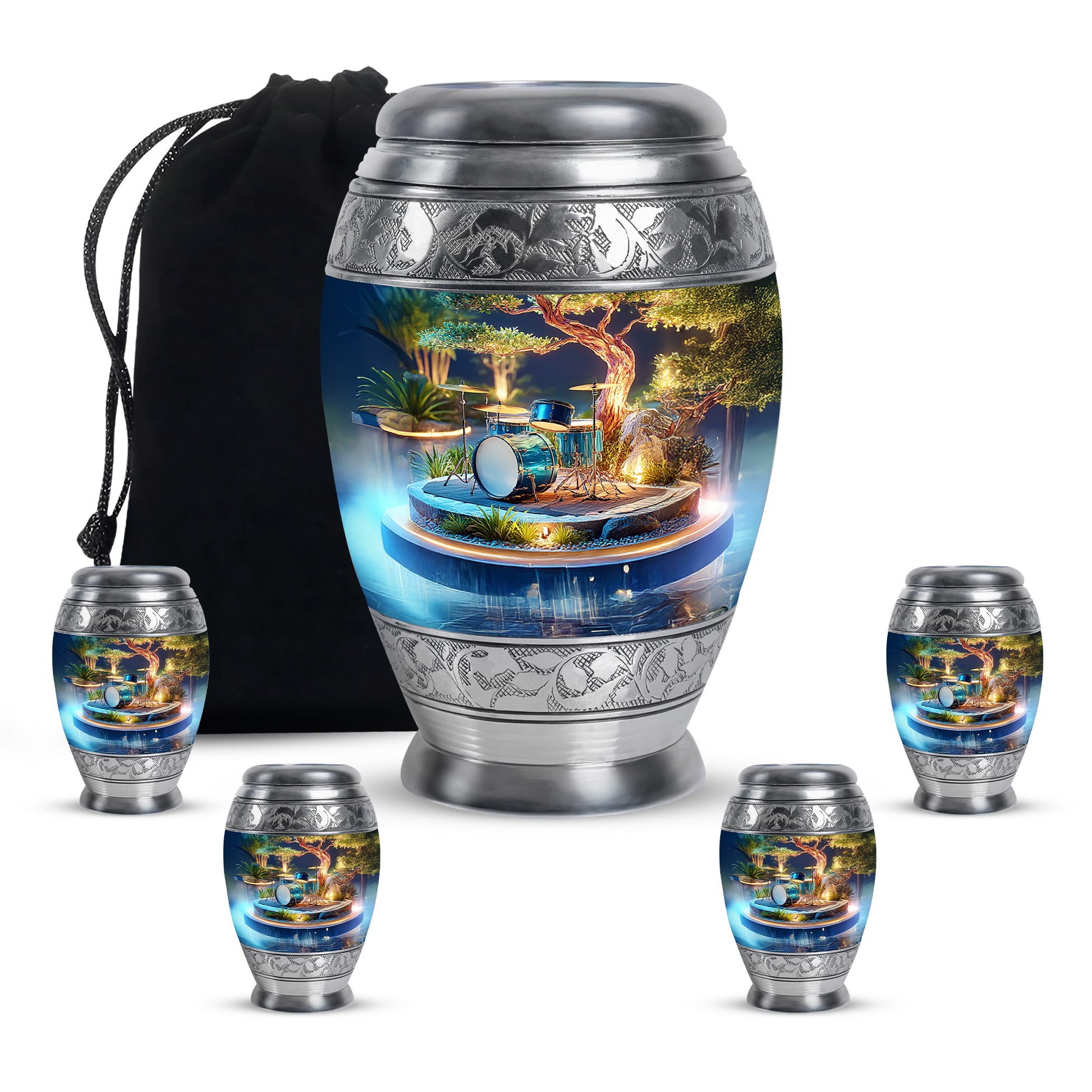 Harvest Gold Drums Cremation Urn detail view - royal drums engraving with decorative scrollwork - memorial set with one large and four small urns