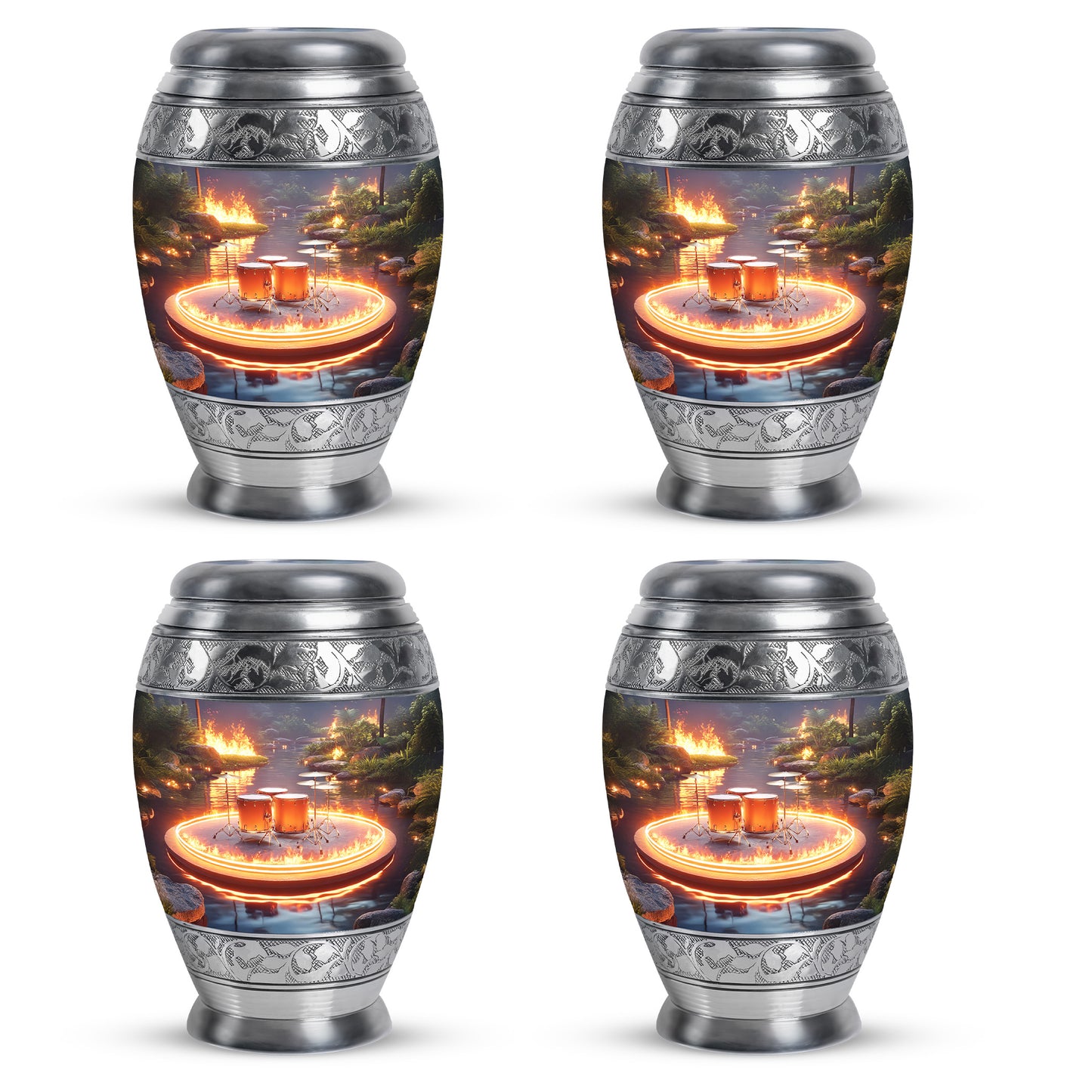 Charcoal Gray Drums Cremation Urn urn with complimentary velvet bag - ornate monarch-style drums relief on brushed aluminum - 10 inch aluminum urn for cremated remains