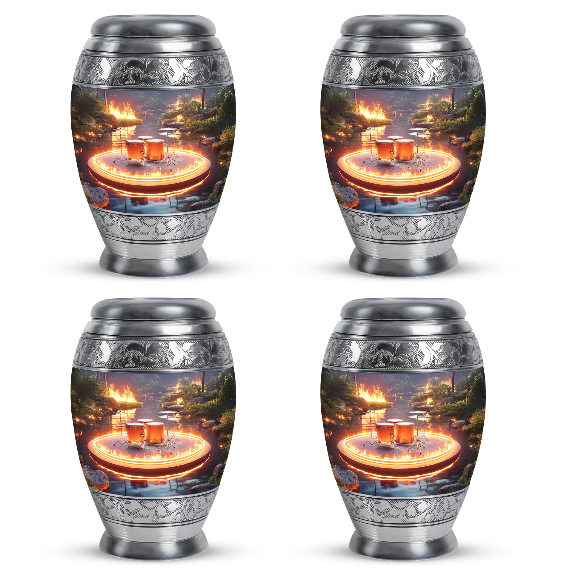 Charcoal Gray Drums Cremation Urn urn with complimentary velvet bag - ornate monarch-style drums relief on brushed aluminum - 10 inch aluminum urn for cremated remains
