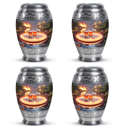 Charcoal Gray Drums Cremation Urn urn with complimentary velvet bag - ornate monarch-style drums relief on brushed aluminum - 10 inch aluminum urn for cremated remains