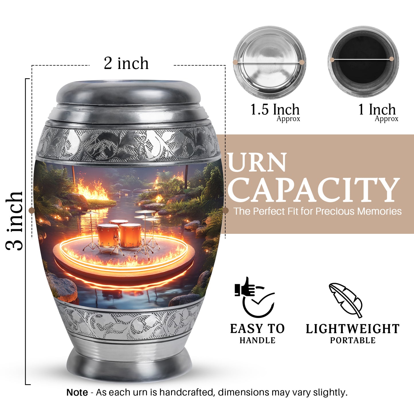 Ash Gray Drums Cremation Urn lifestyle display on memorial shelf - royal drums engraving with decorative scrollwork - mini keepsake memorial for portion of cremation ashes