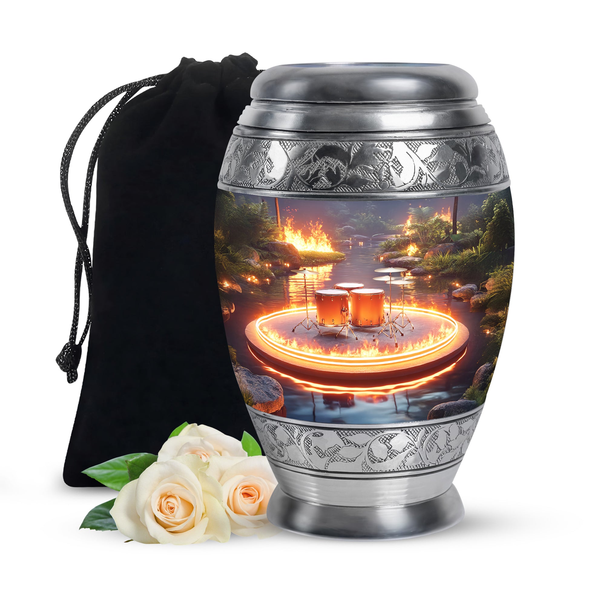 Smoke Gray Drums Cremation Urn back view with polished surface - royal drums engraving with decorative scrollwork - full-size 10 inch 200 cubic inch adult cremation urn