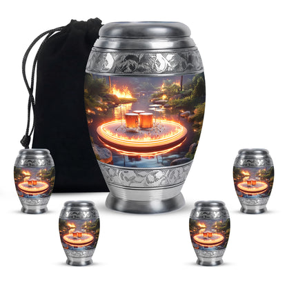 Charcoal Gray Drums Cremation Urn detail view - ornate monarch-style drums relief on brushed aluminum - memorial set with one large and four small urns