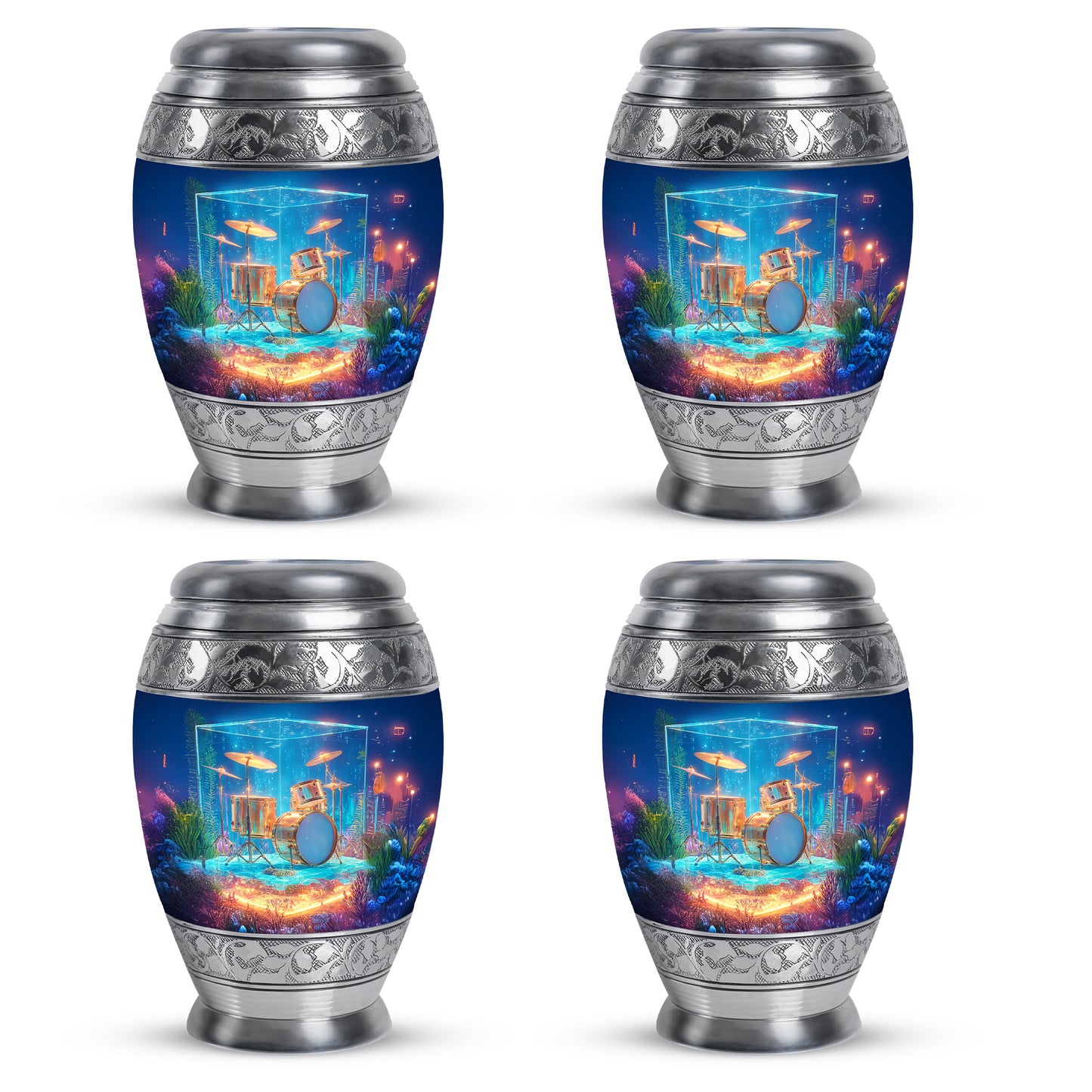 Vivid Blue Drums Cremation Urn urn with complimentary velvet bag - majestic drums pattern with filigree border - 10 inch aluminum urn for cremated remains