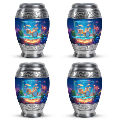 Vivid Blue Drums Cremation Urn urn with complimentary velvet bag - majestic drums pattern with filigree border - 10 inch aluminum urn for cremated remains
