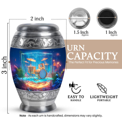 Calming Blue Drums Cremation Urn lifestyle display on memorial shelf - majestic drums pattern with filigree border - mini keepsake memorial for portion of cremation ashes