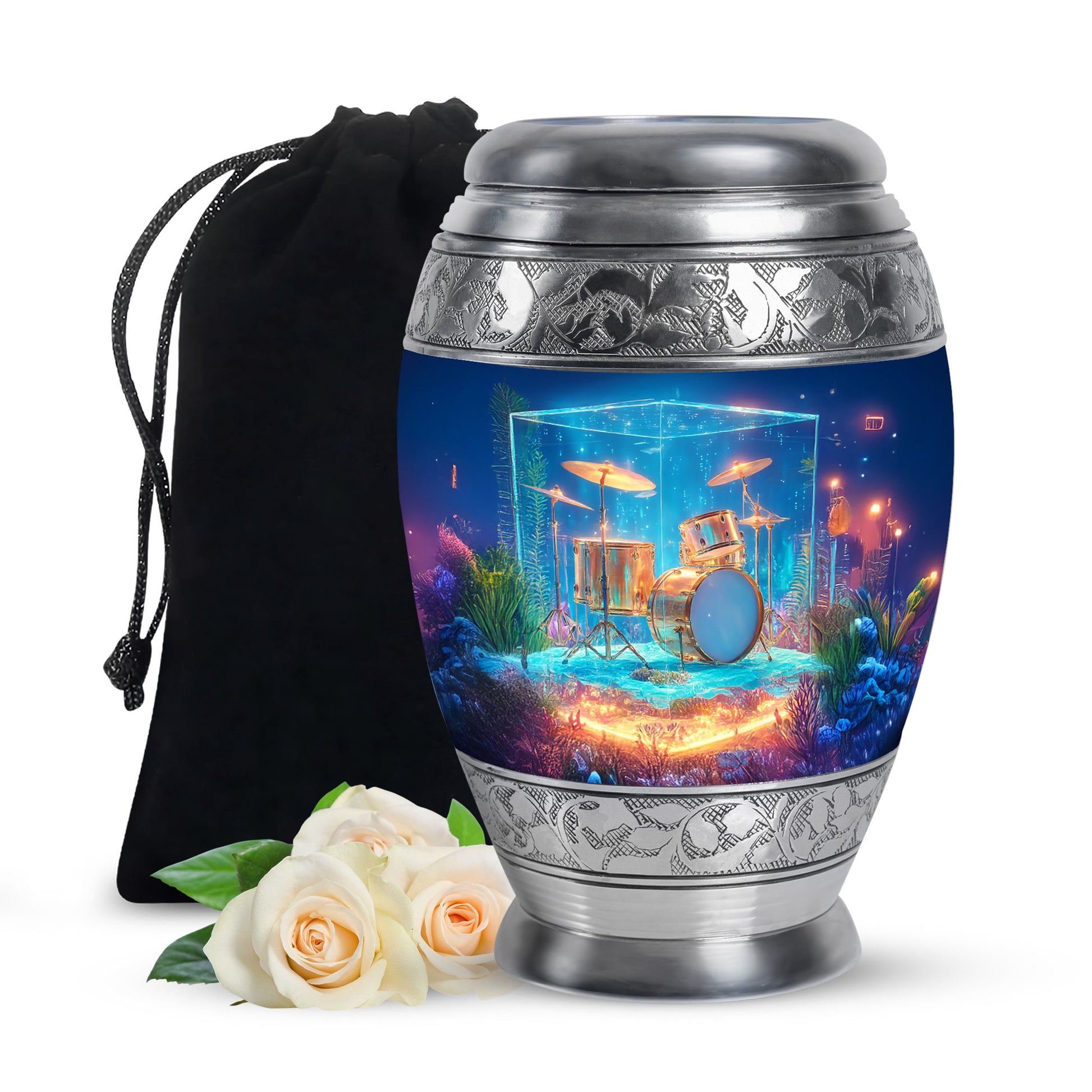 Navy Blue Drums Cremation Urn back view with polished surface - ornate monarch-style drums relief on brushed aluminum - full-size 10 inch 200 cubic inch adult cremation urn