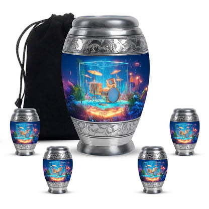 Bright Blue Drums Cremation Urn detail view - royal drums engraving with decorative scrollwork - memorial set with one large and four small urns