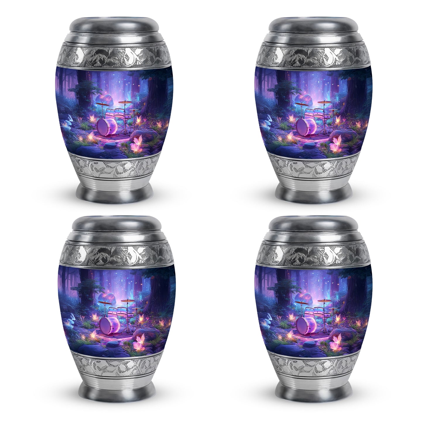 Vivid Blue Drums Cremation Urn urn with complimentary velvet bag - majestic drums pattern with filigree border - 10 inch aluminum urn for cremated remains