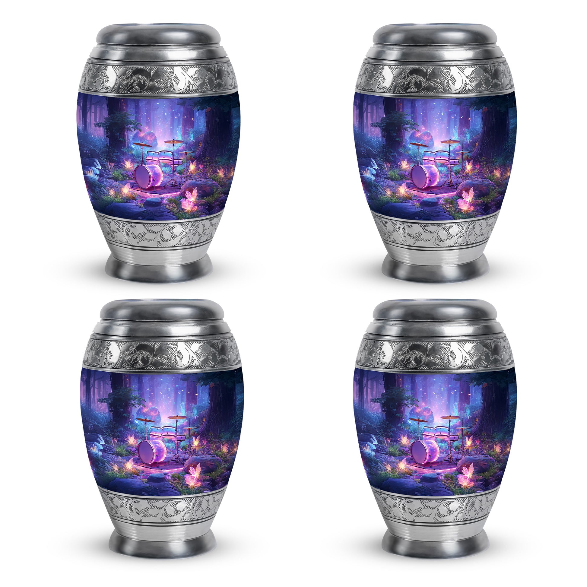 Vivid Blue Drums Cremation Urn urn with complimentary velvet bag - majestic drums pattern with filigree border - 10 inch aluminum urn for cremated remains