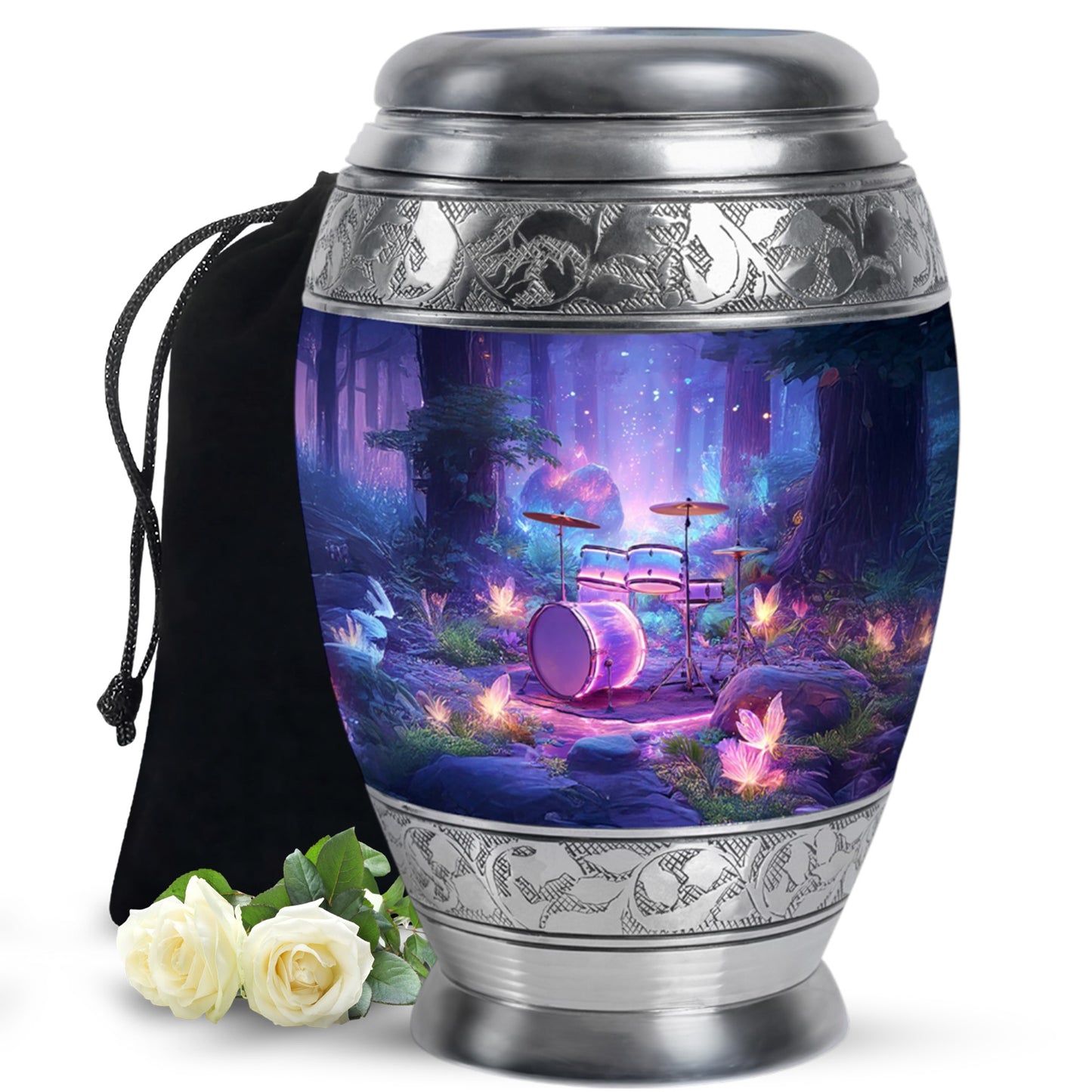 Dusty Blue Drums Cremation Urn back view with polished surface - regal drums design with crown-inspired accents - full-size 10 inch 200 cubic inch adult cremation urn