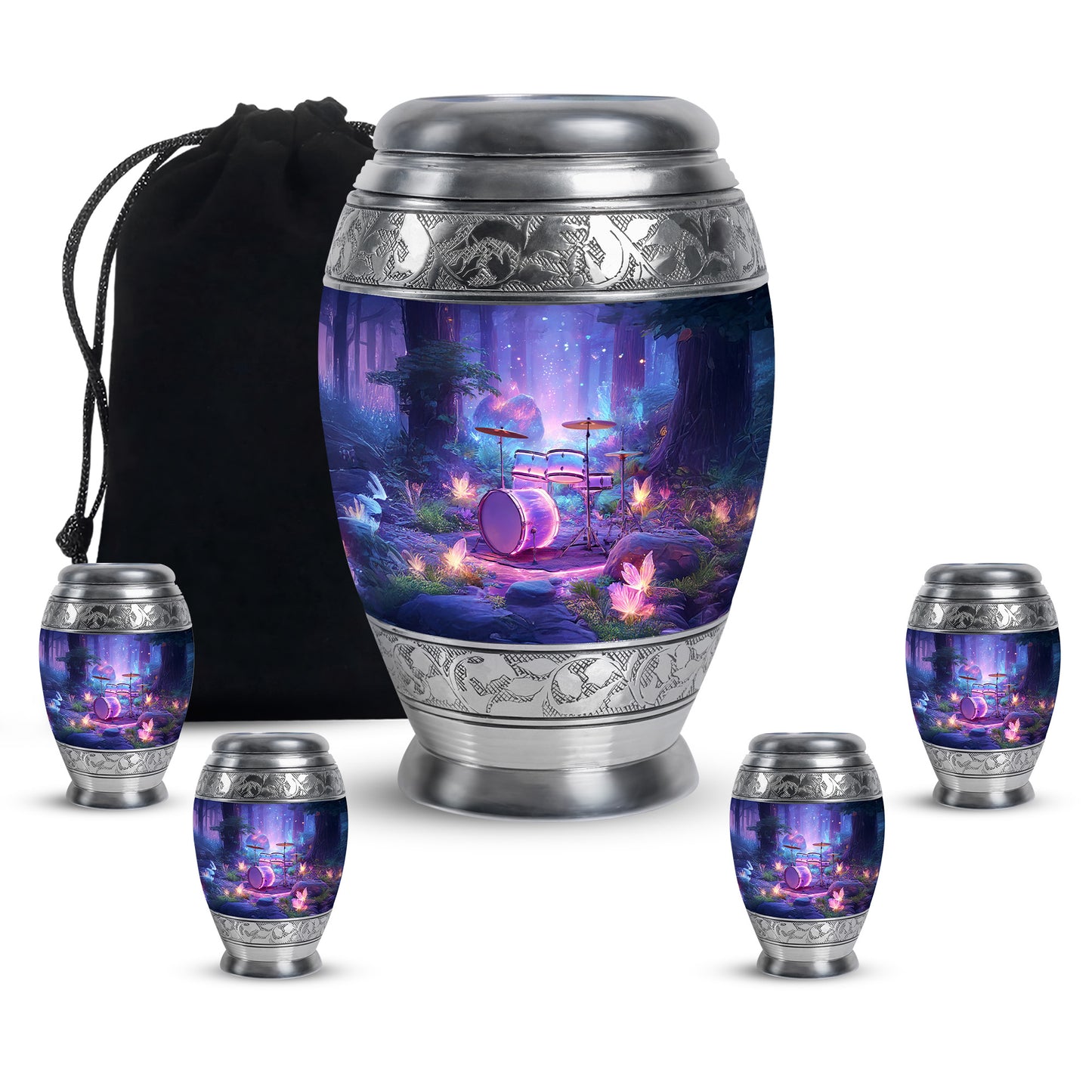 Bright Blue Drums Cremation Urn detail view - royal drums engraving with decorative scrollwork - memorial set with one large and four small urns