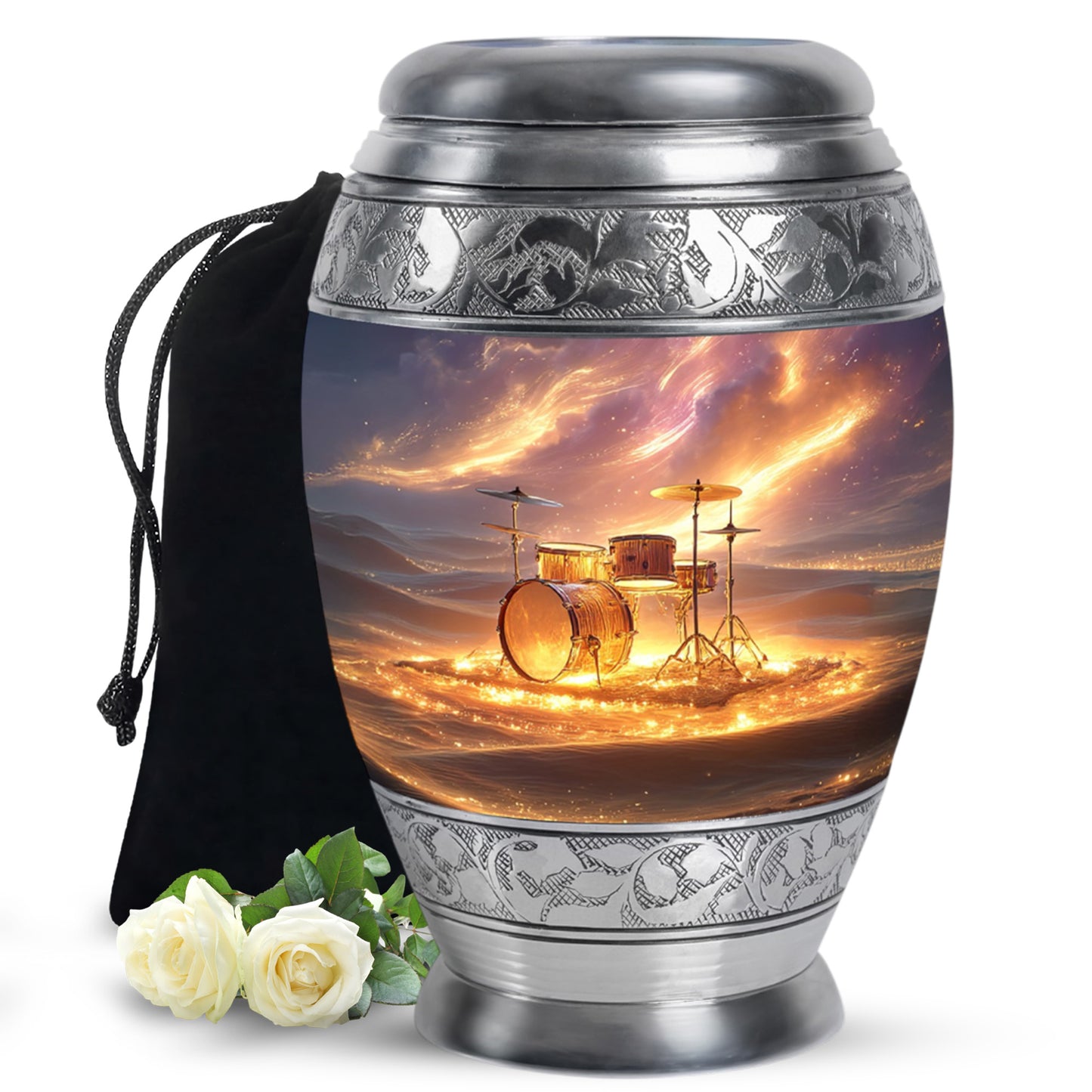 Burgundy Red Drums Cremation Urn back view with polished surface - regal drums design with crown-inspired accents - full-size 10 inch 200 cubic inch adult cremation urn