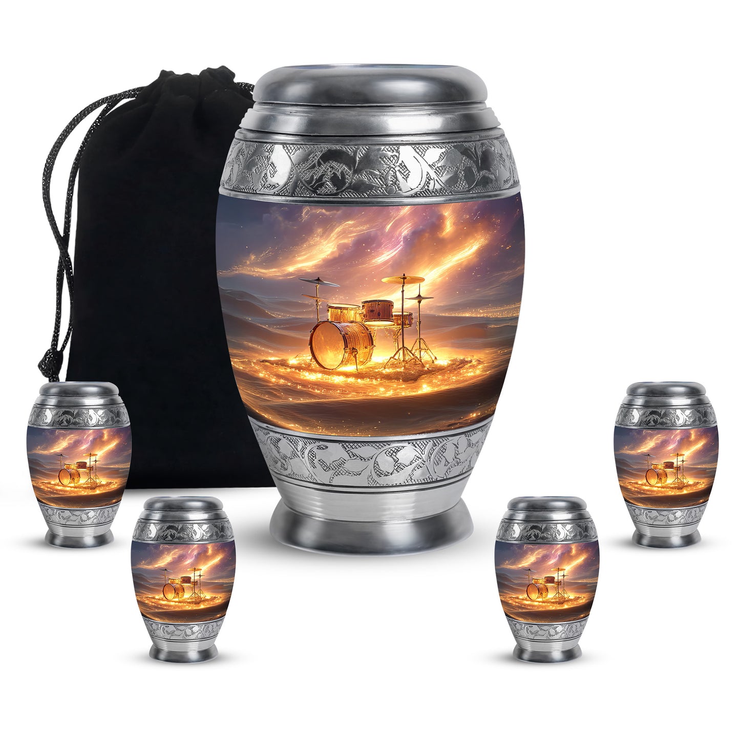 Deep Red Drums Cremation Urn detail view - ornate monarch-style drums relief on brushed aluminum - memorial set with one large and four small urns