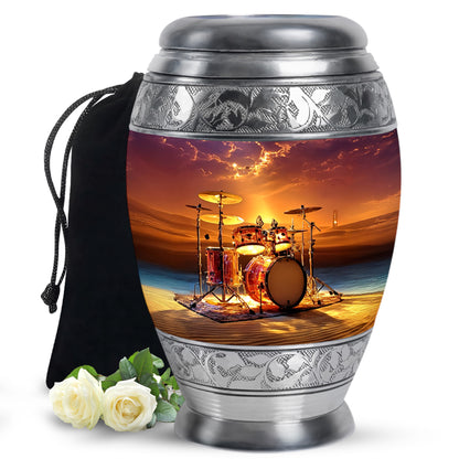 Blush Pink Drums Cremation Urn back view with polished surface - ornate monarch-style drums relief on brushed aluminum - full-size 10 inch 200 cubic inch adult cremation urn