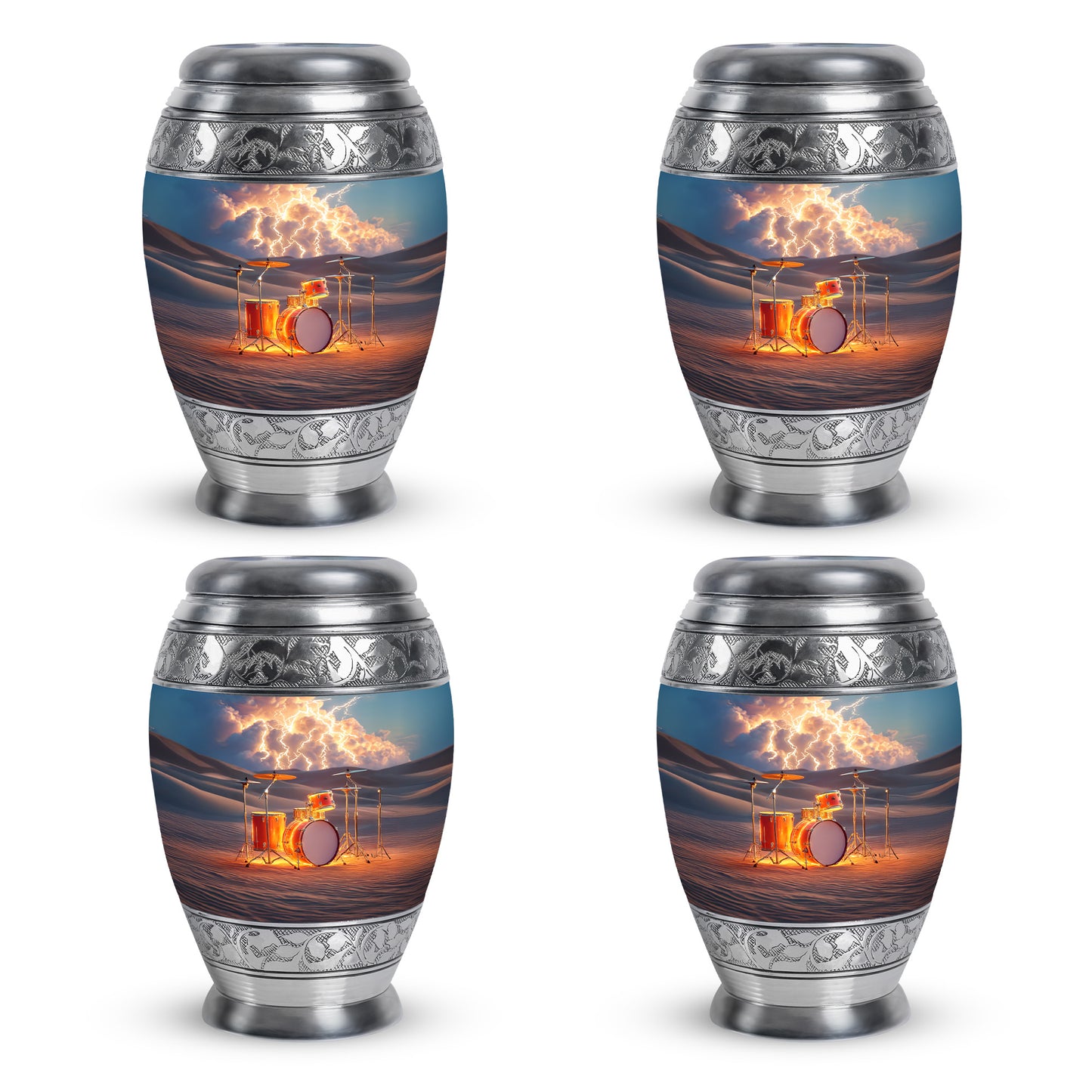 Steel Gray Drums Cremation Urn urn with complimentary velvet bag - majestic drums pattern with filigree border - 10 inch aluminum urn for cremated remains