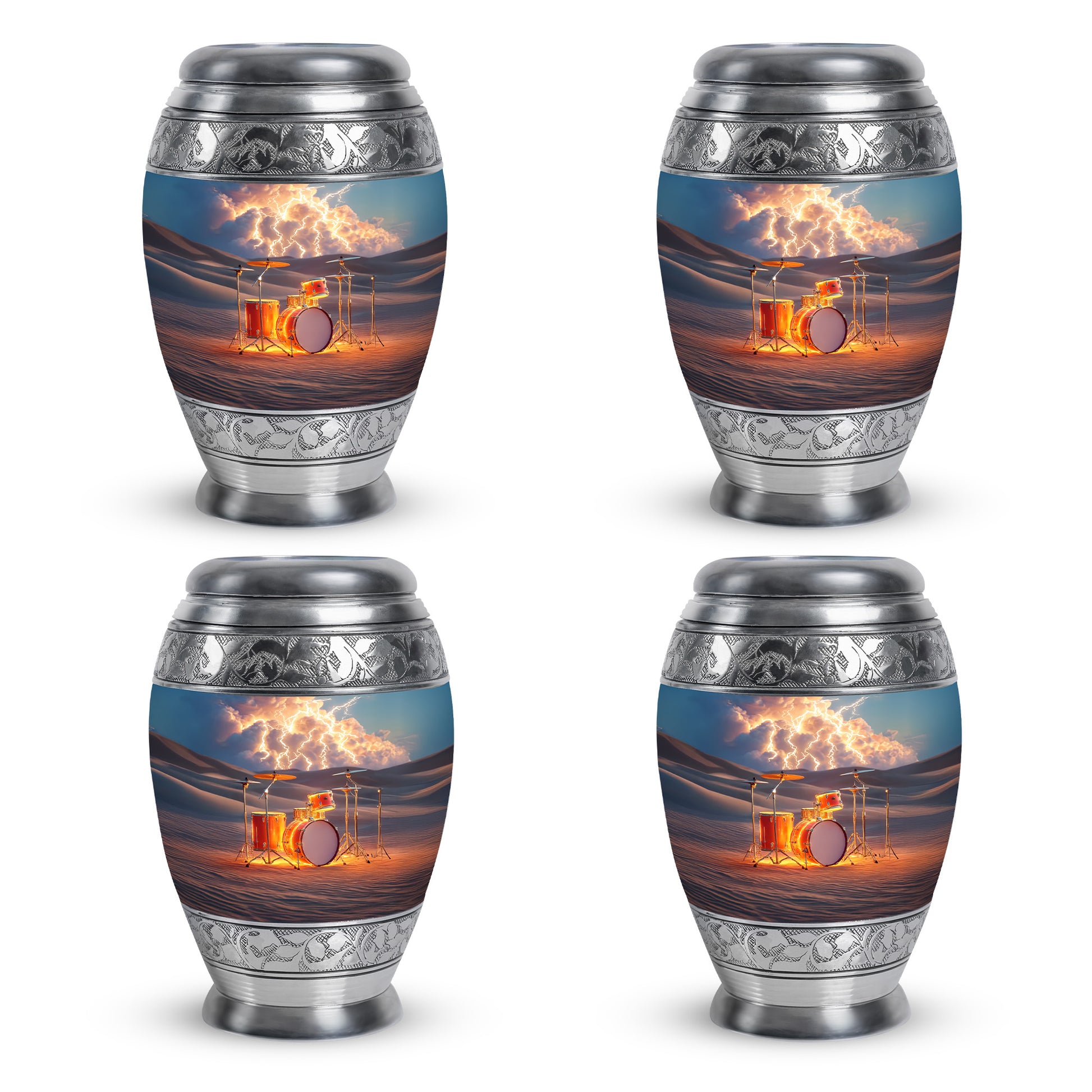 Steel Gray Drums Cremation Urn urn with complimentary velvet bag - majestic drums pattern with filigree border - 10 inch aluminum urn for cremated remains