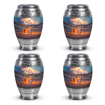 Steel Gray Drums Cremation Urn urn with complimentary velvet bag - majestic drums pattern with filigree border - 10 inch aluminum urn for cremated remains