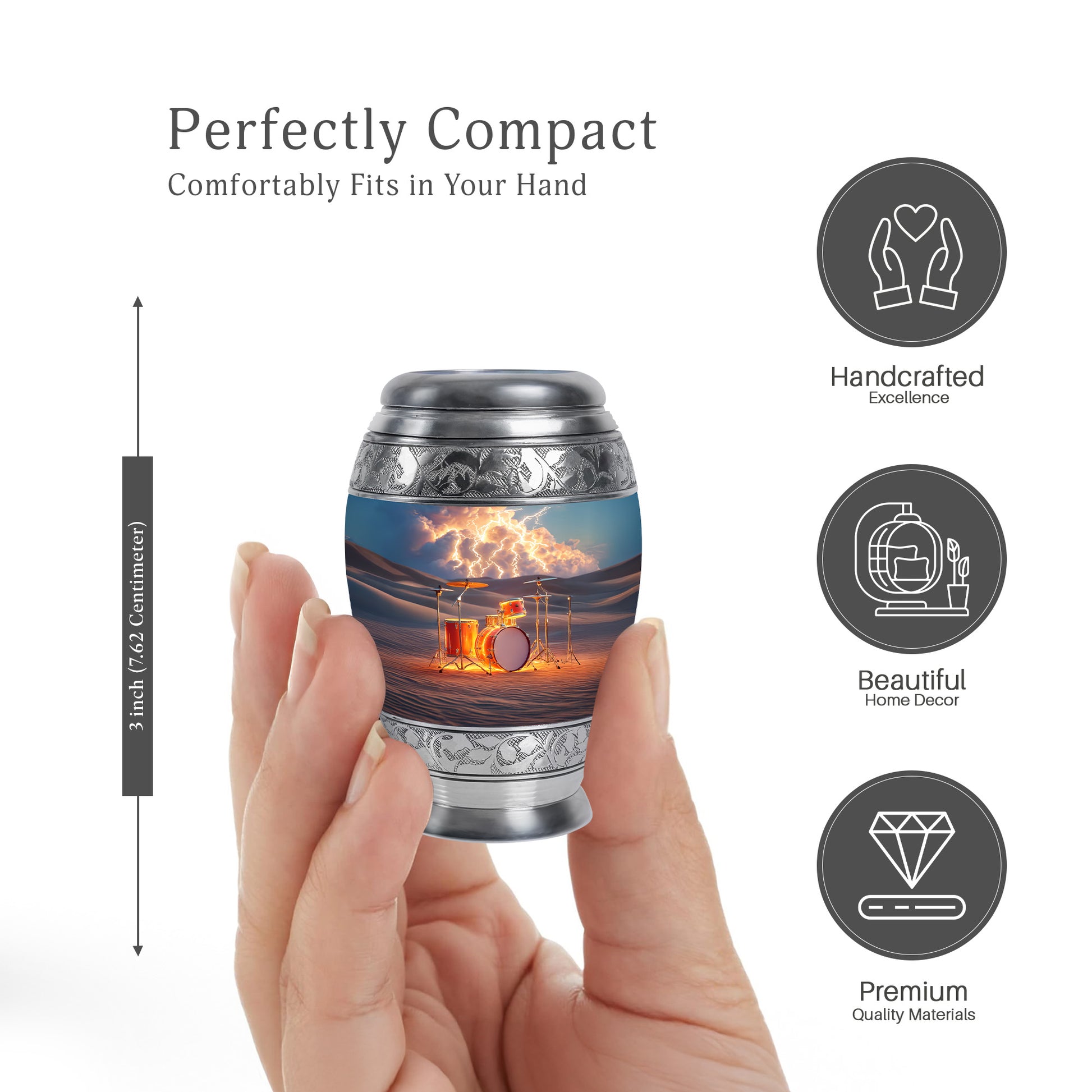 Charcoal Gray Drums Cremation Urn lifestyle display on memorial shelf - ornate monarch-style drums relief on brushed aluminum - mini keepsake memorial for portion of cremation ashes