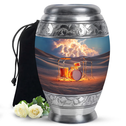 Ash Gray Drums Cremation Urn back view with polished surface - majestic drums pattern with filigree border - full-size 10 inch 200 cubic inch adult cremation urn