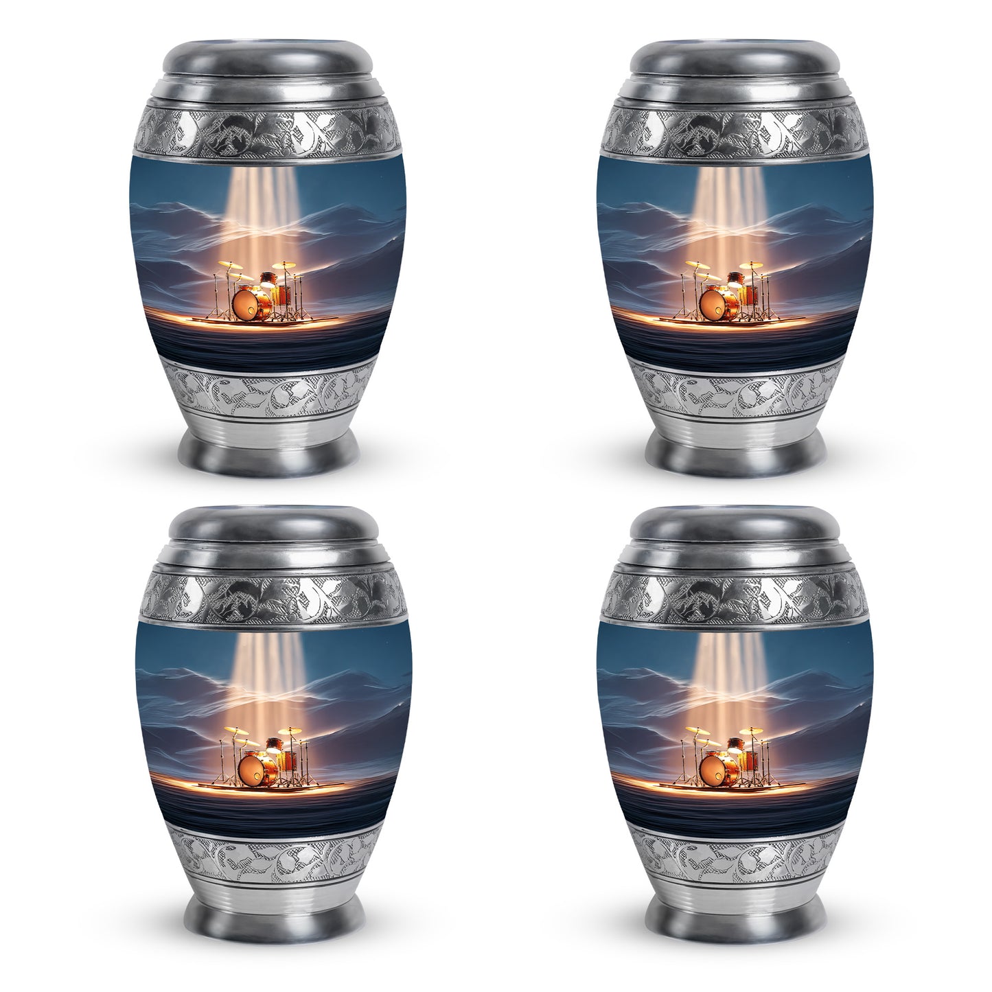 Azure Drums Cremation Urn urn with complimentary velvet bag - ornate monarch-style drums relief on brushed aluminum - 10 inch aluminum urn for cremated remains