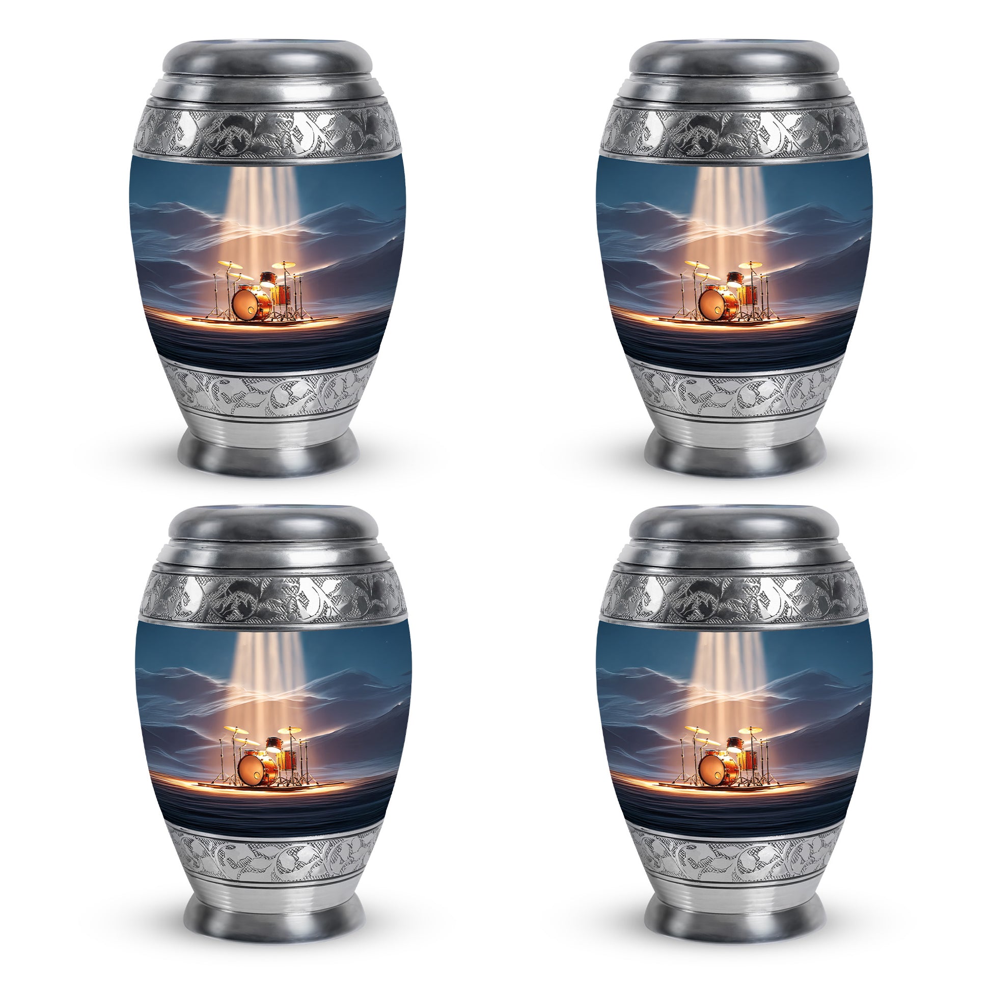 Azure Drums Cremation Urn urn with complimentary velvet bag - ornate monarch-style drums relief on brushed aluminum - 10 inch aluminum urn for cremated remains