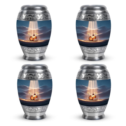 Azure Drums Cremation Urn urn with complimentary velvet bag - ornate monarch-style drums relief on brushed aluminum - 10 inch aluminum urn for cremated remains