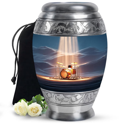 Indigo Drums Cremation Urn back view with polished surface - regal drums design with crown-inspired accents - full-size 10 inch 200 cubic inch adult cremation urn