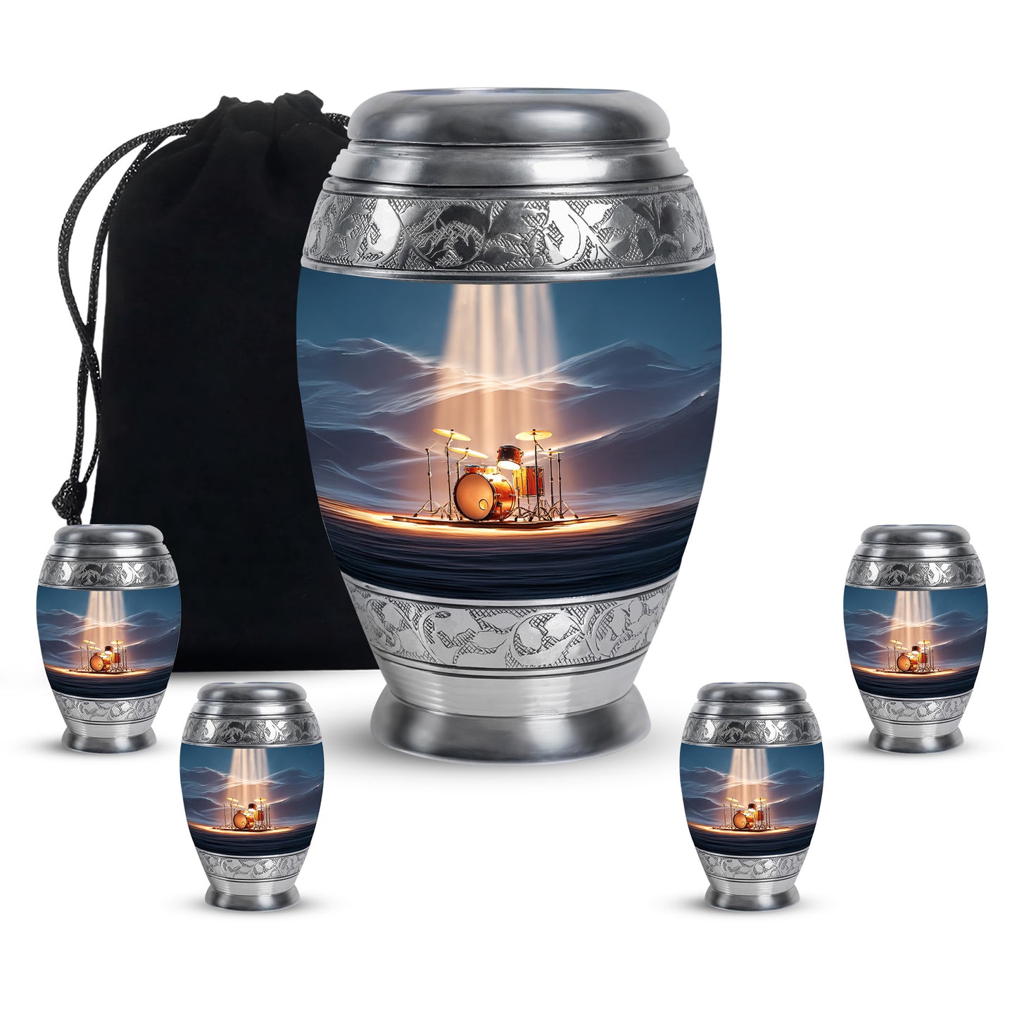 Dusty Blue Drums Cremation Urn detail view - ornate monarch-style drums relief on brushed aluminum - memorial set with one large and four small urns