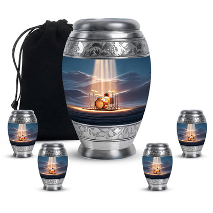 Dusty Blue Drums Cremation Urn detail view - ornate monarch-style drums relief on brushed aluminum - memorial set with one large and four small urns