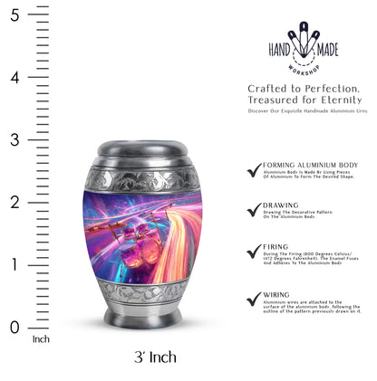 Calming Blue Drums Cremation Urn lifestyle display on memorial shelf - royal drums engraving with decorative scrollwork - mini keepsake memorial for portion of cremation ashes